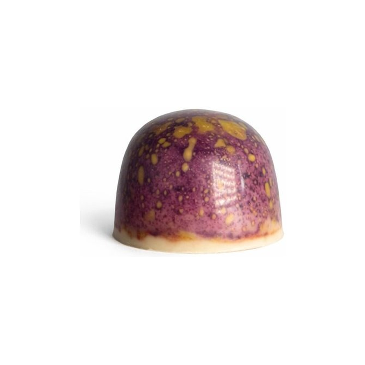 White Granadilla chocolate bonbon with purple and yellow speckled finish